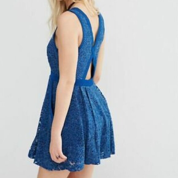 Free People Lovely In Lace Blue Cutout Back Fit and Flare Dress - Picture 1 of 10